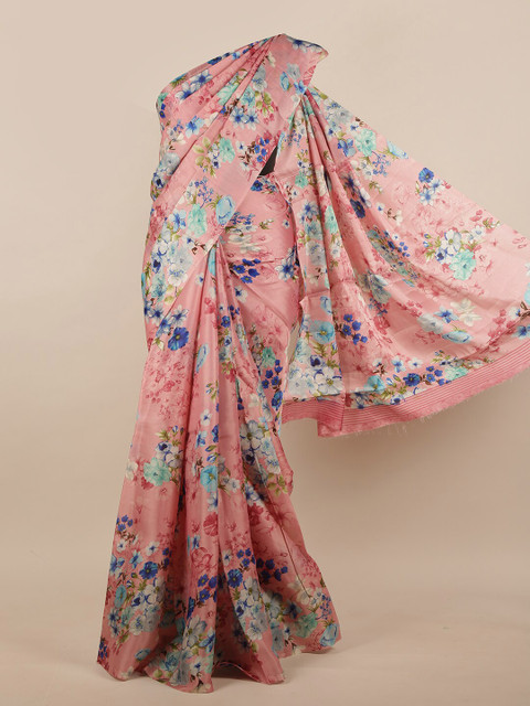 

Pothys Pink & Blue Floral Printed Jute Silk Saree