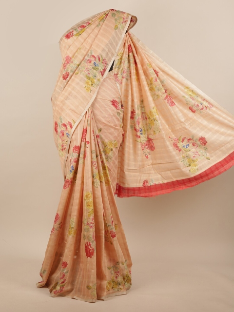 

Pothys Peach-Coloured & Yellow Floral Printed Jute Silk Saree