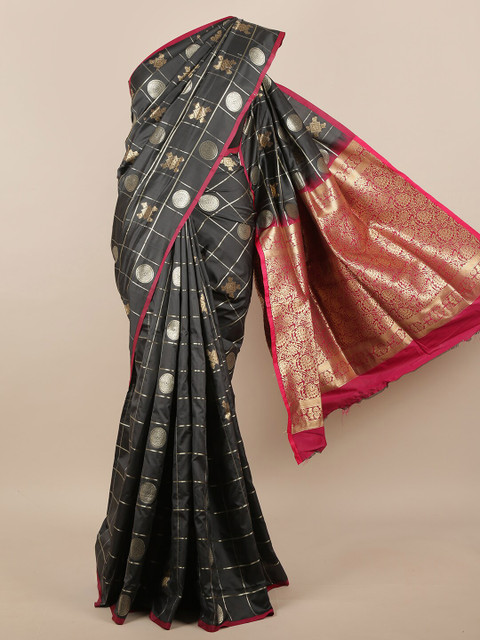 

Pothys Grey & Red Ethnic Motifs Zari Woven Design Jute Silk Saree