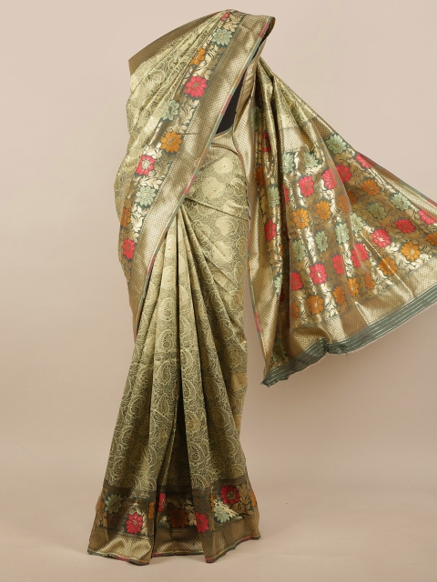 

Pothys Green & Yellow Floral Zari Jute Silk Saree