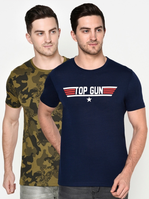 

ELEGANCE Men Navy Blue & Camouflage Pack of 2 Printed T-shirt, Multi