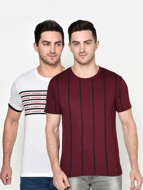 

ELEGANCE Men Pack of 2 White & Maroon Striped T-shirt