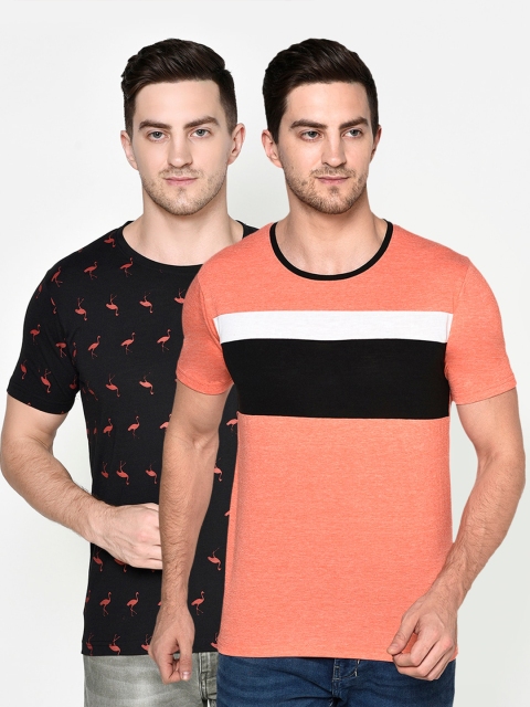 

ELEGANCE Men Pack-2 Orange & Black Printed T-shirt