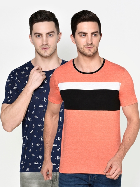 

ELEGANCE Men Pack of 2 Navy blue And Orange Printed T-shirt