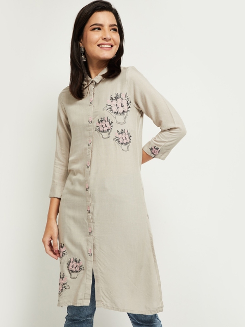 

max Women Grey Quirky Embroidered Thread Work Kurta