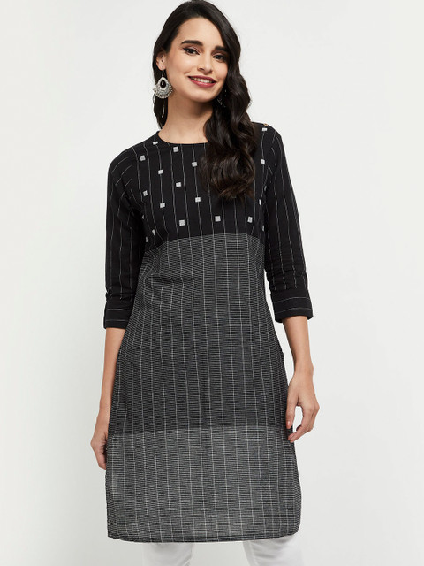

max Women Black Striped Thread Work Kurta