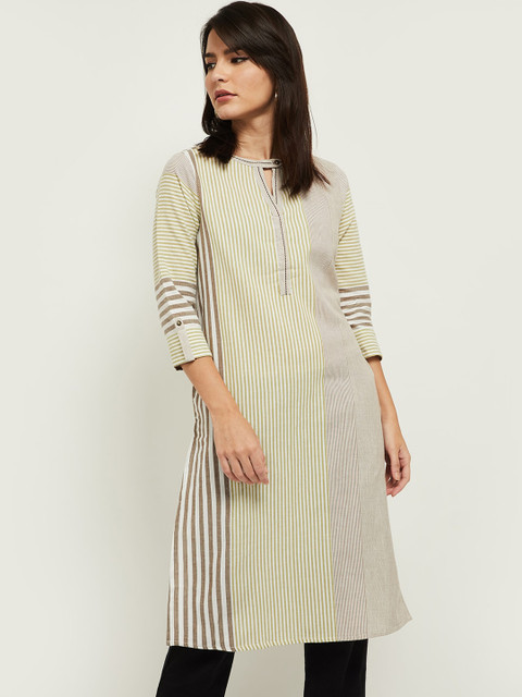 

max Women Green & Black Striped Keyhole Neck Kurta
