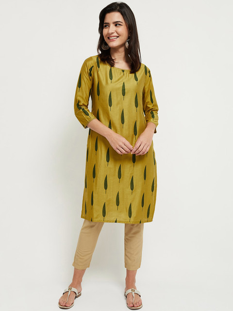 

max Women Mustard Yellow Paisley Dyed Keyhole Neck Thread Work Kurta