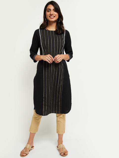 

max Women Black Striped Thread Work Kurta