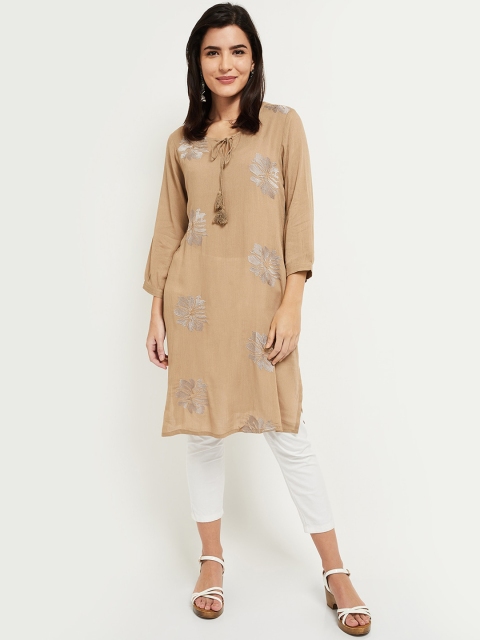 

max Women Beige Floral Embroidered Thread Work Kurta