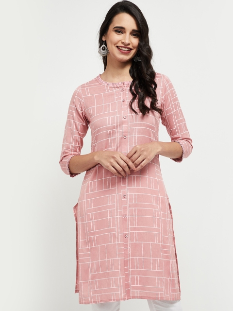 

max Women Pink Checked Flared Sleeves Thread Work Kurta