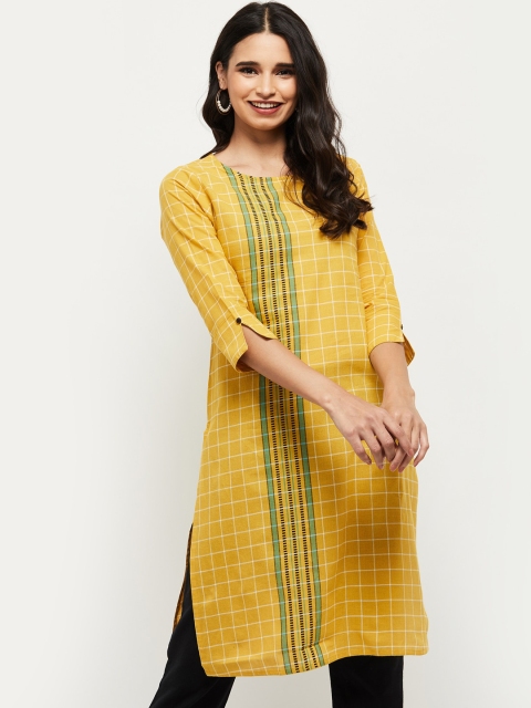 

max Women Mustard Yellow Checked Thread Work Kurta