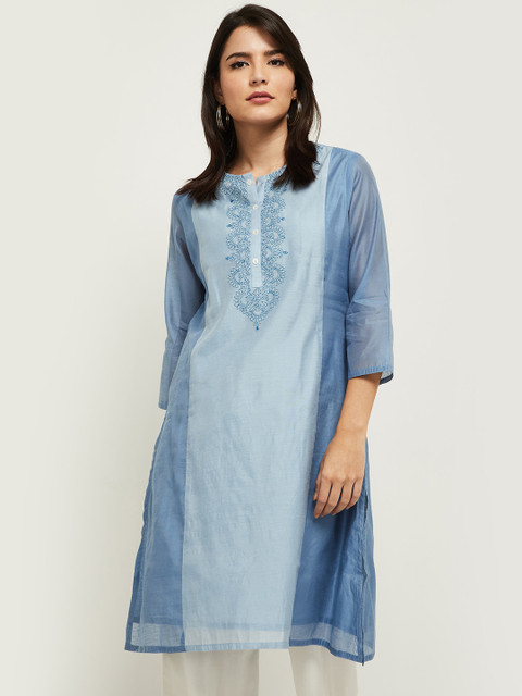 

max Women Blue Yoke Design Flared Sleeves Thread Work Kurta