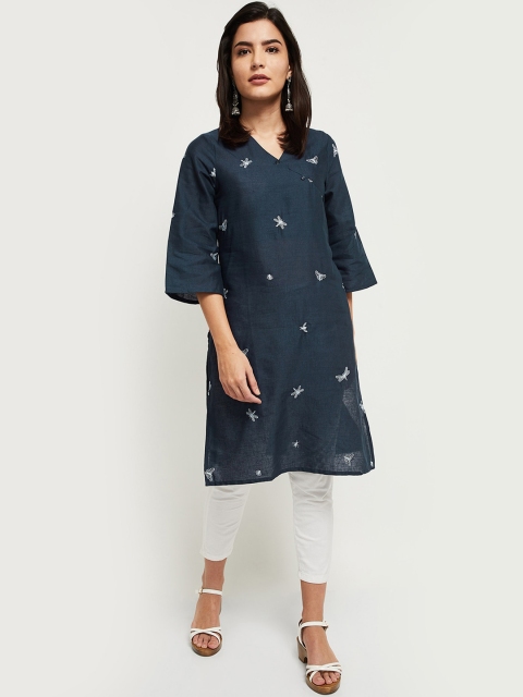 

max Women Blue Floral Embroidered Flared Sleeves Kurta