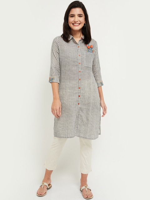 

max Women Grey Striped Thread Work Pathani Kurta