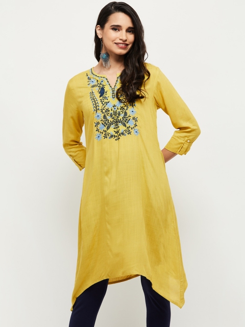 

max Women Yellow Floral Yoke Design Thread Work Kurta