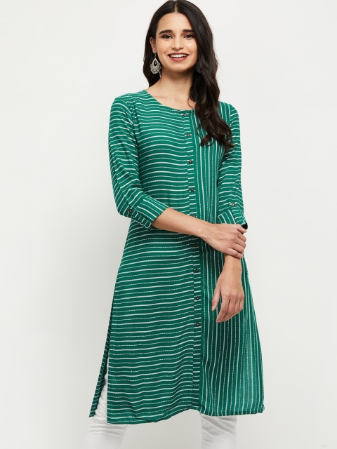 

max Women Green Striped Thread Work Kurta