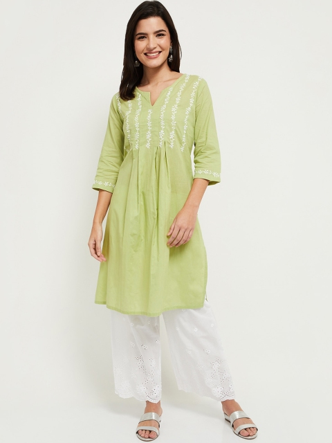 

max Women Green Floral Embroidered Thread Work Kurta