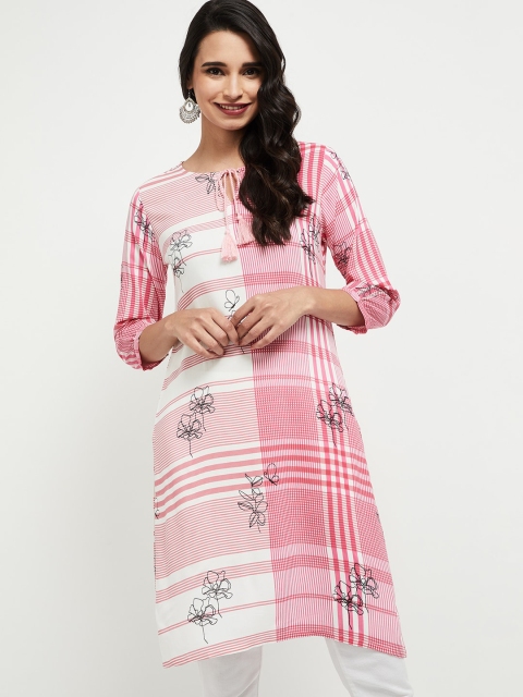 

max Women Pink & White Checked Keyhole Neck Kurta