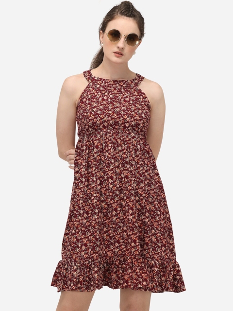 

Mesmora Women Burgundy Floral Printed Dress