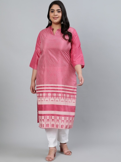 

Jaipur Kurti Women Mauve Geometric Printed Keyhole Neck Flared Sleeves Mirror Work Handloom Kurta