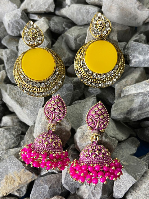 

ANIKAS CREATION Women Mustard & Pink Traditional Stone Studded Gold-Plated Jhumkas