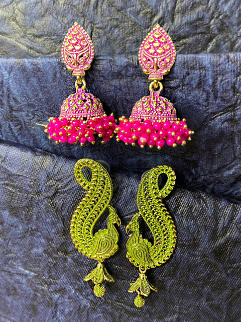 

ANIKAS CREATION Gold Plated Pink & Green Set of 2 Jhumkas
