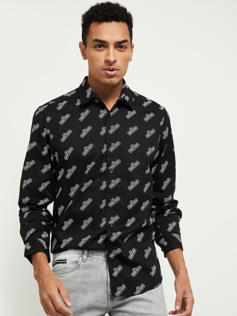 

max Men Black Typography Printed Casual Shirt