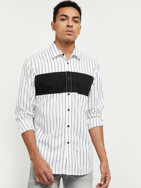 

max Men White Striped Colourblocked Casual Shirt