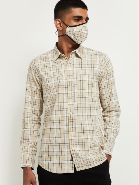 

max Men Beige Checked Formal Shirt