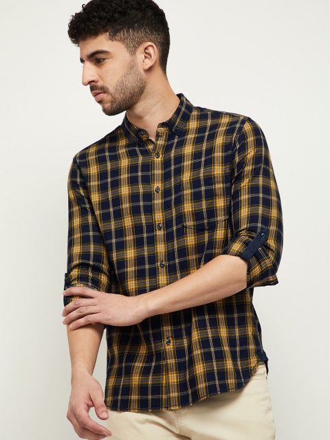 

max Men Mustard Checked Casual Cotton Shirt