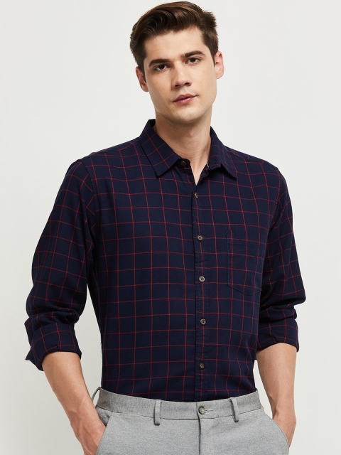 

max Men Blue Grid Tattersall Checks Checked Formal Shirt