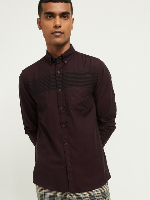 

max Men Maroon Striped Casual Cotton Shirt