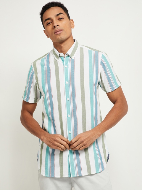 

max Men Green Striped Casual Shirt