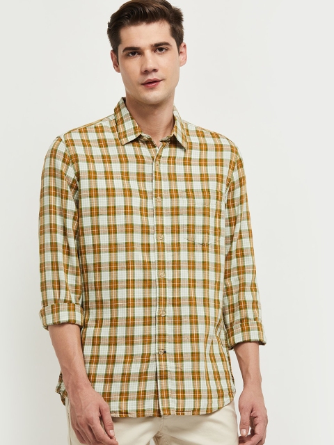 

max Men Brown Tartan Checks Checked Casual Shirt