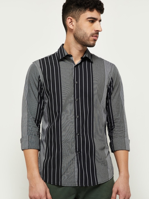 

max Men Black & Grey Striped Cotton Casual Shirt