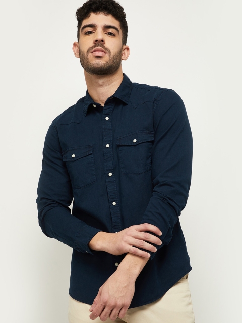 

max Men Blue Solid Cotton Casual Shirt