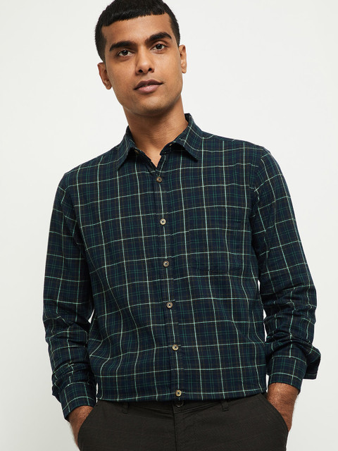 

max Men Green Checked Cotton Casual Shirt