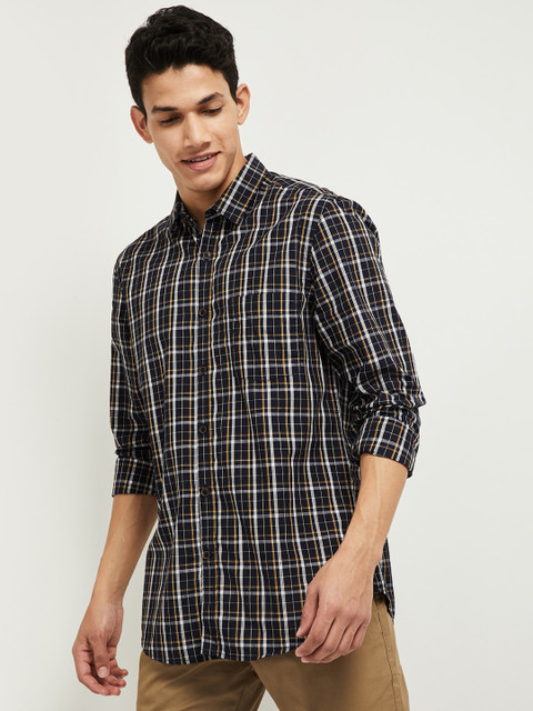 

max Men Blue Tartan Checks Checked Casual Shirt