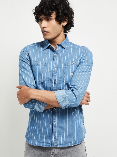 

max Men Blue Striped Cotton Casual Shirt