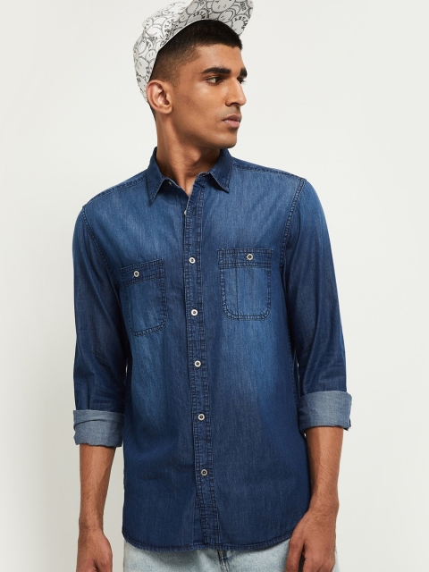 

max Men Blue Solid Faded Casual Shirt