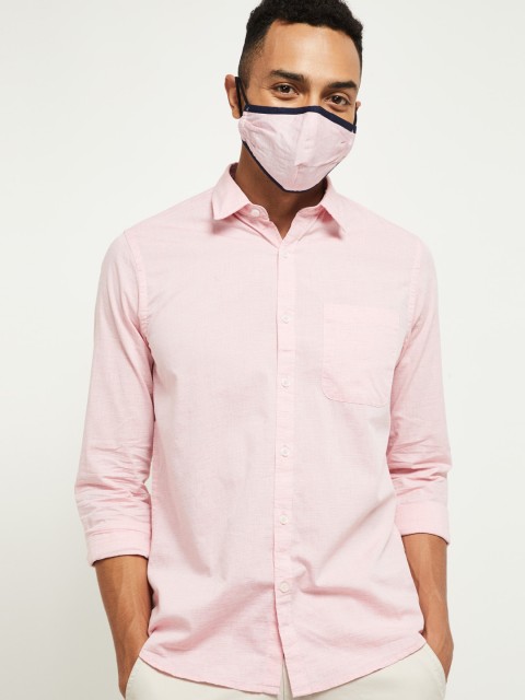 

max Men Pink Solid Cotton Casual Shirt with Mask