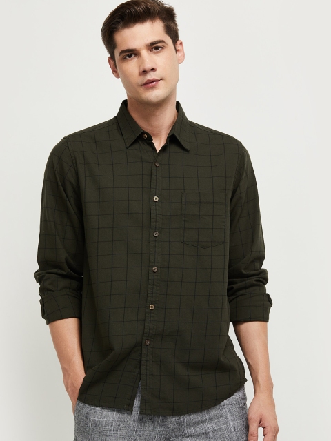 

max Men Green Windowpane Checks Checked Casual Shirt