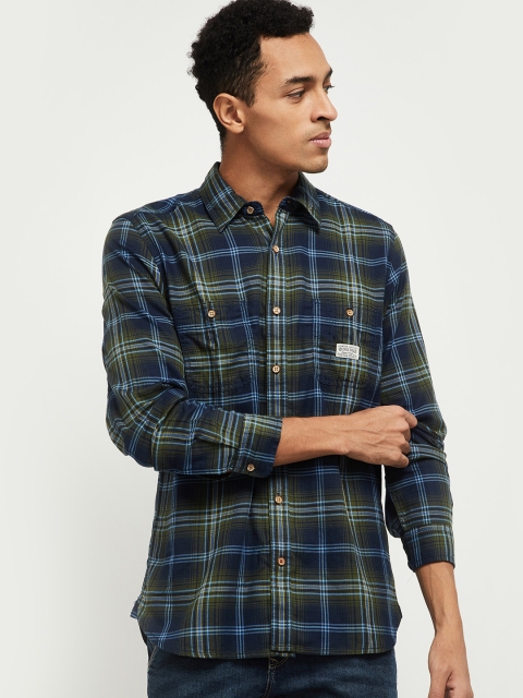 

max Men Green Tartan Checks Checked Casual Shirt