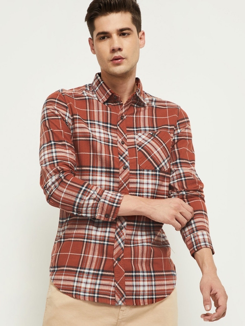 

max Men Red Tartan Checks Checked Casual Shirt