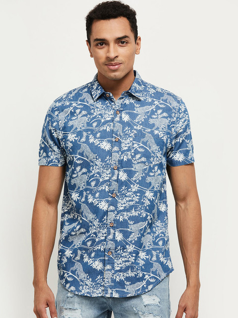 

max Men Blue Printed Cotton Casual Shirt