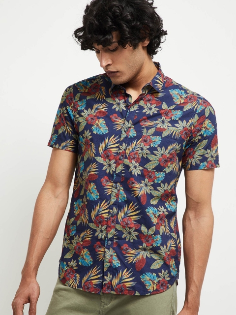 

max Men Blue Floral Printed Cotton Casual Shirt