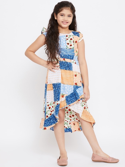 

Stylo Bug Girls Blue & Orange Printed Crepe A-Line Midi Dress