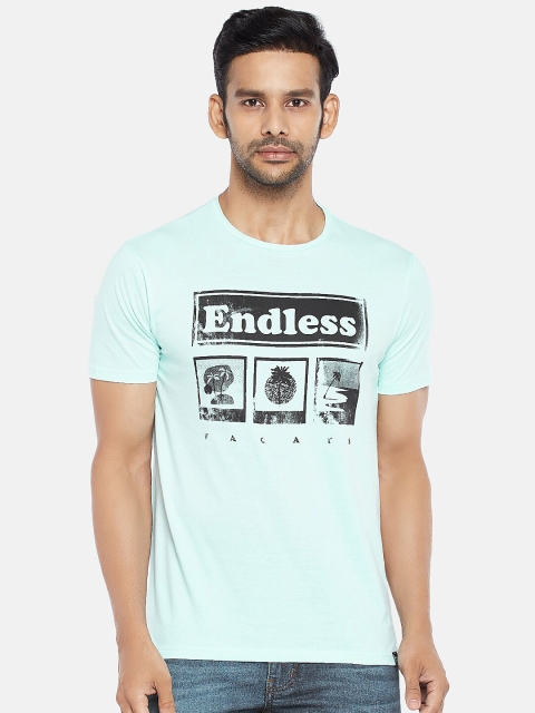 

People Men Turquoise Blue Black Printed Cotton Pure Cotton T-shirt