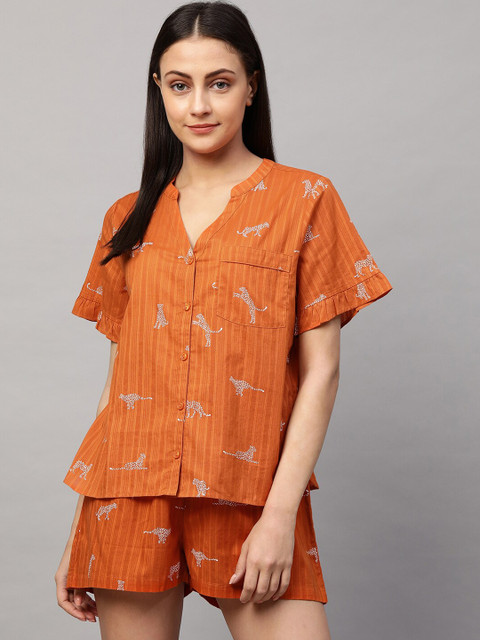 

Chemistry Women Orange & White Printed Night suit